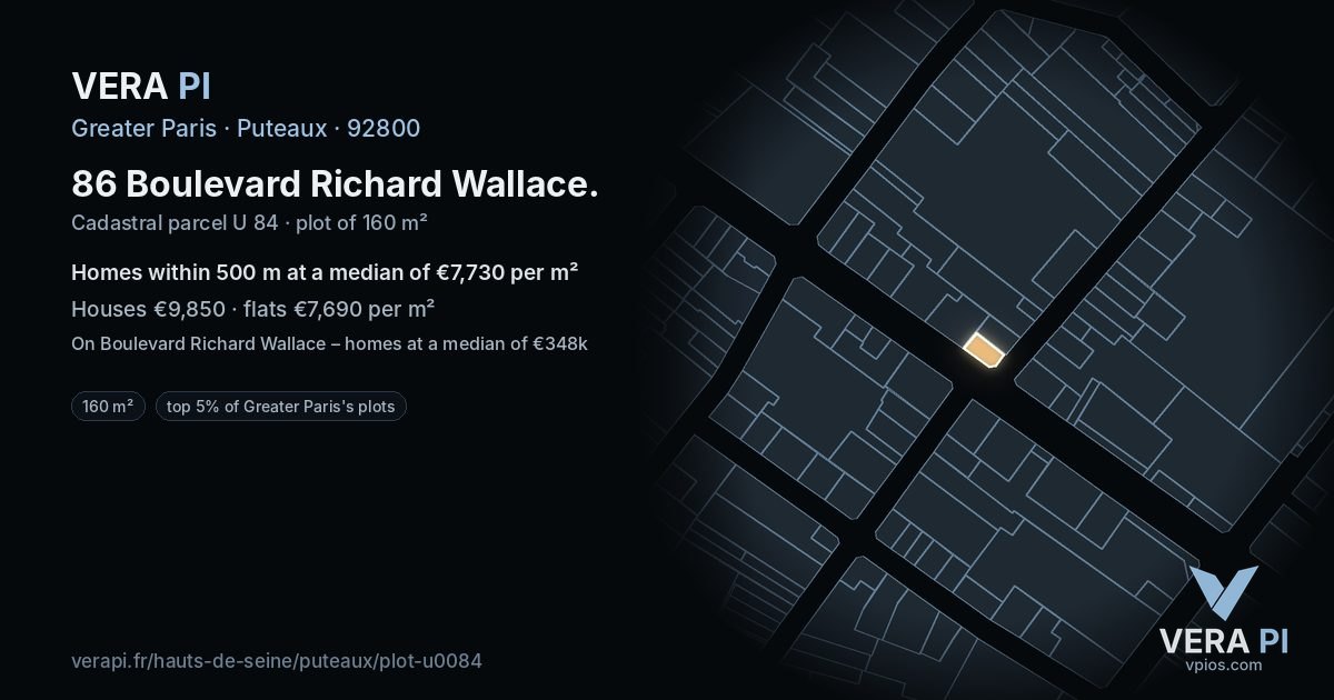 86 Boulevard Richard Wallace, Puteaux at night – the plot lit, the parcels around coloured by the prices near them