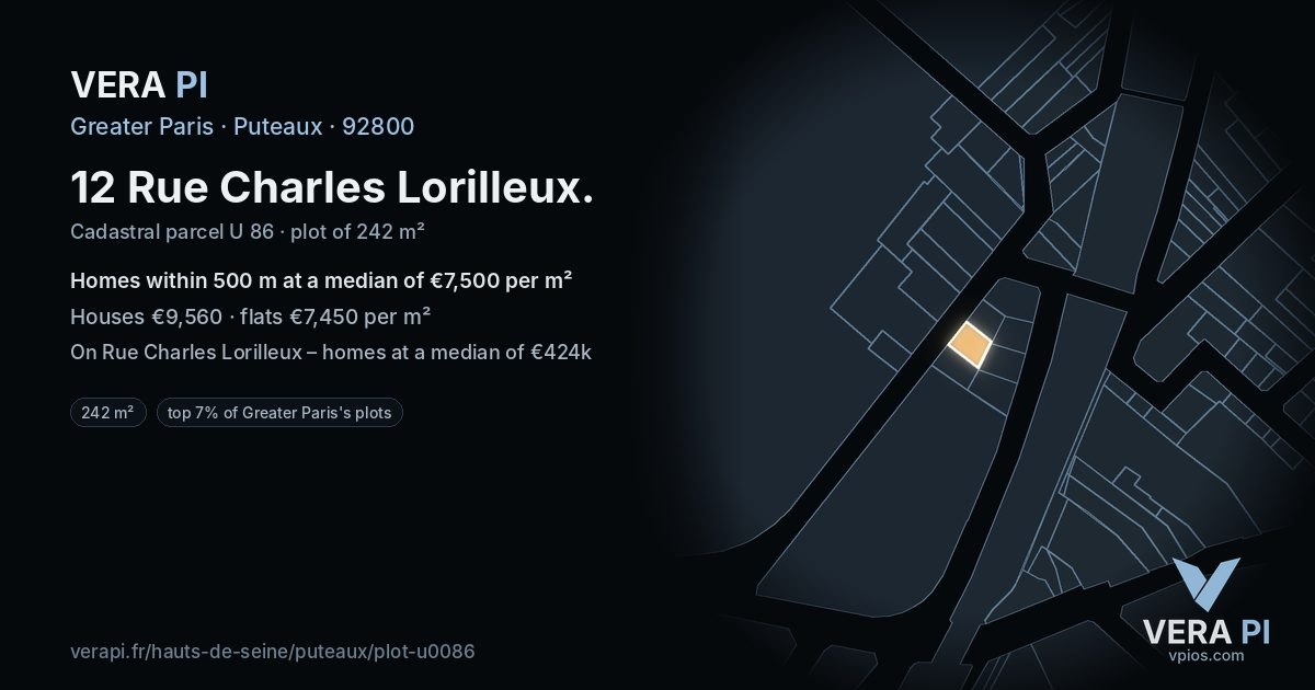 12 Rue Charles Lorilleux, Puteaux at night – the plot lit, the parcels around coloured by the prices near them