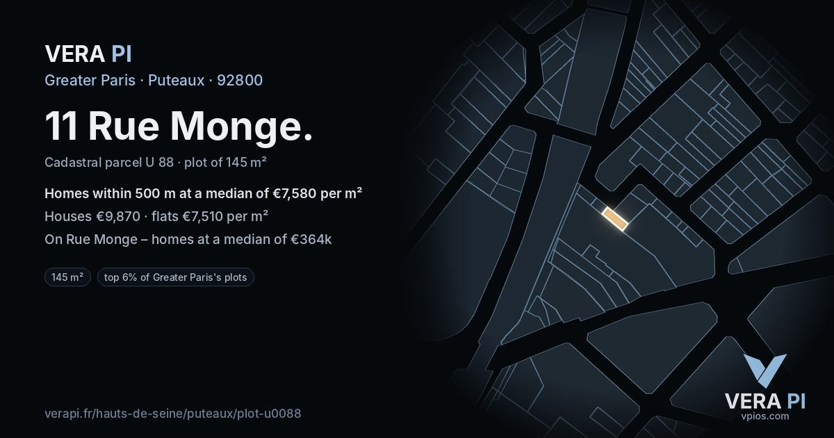 11 Rue Monge, Puteaux at night – the plot lit, the parcels around coloured by the prices near them