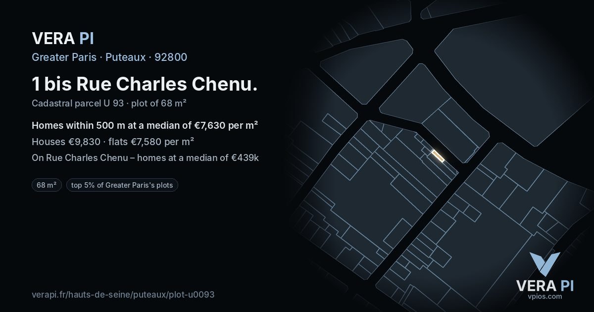 1 bis Rue Charles Chenu, Puteaux at night – the plot lit, the parcels around coloured by the prices near them