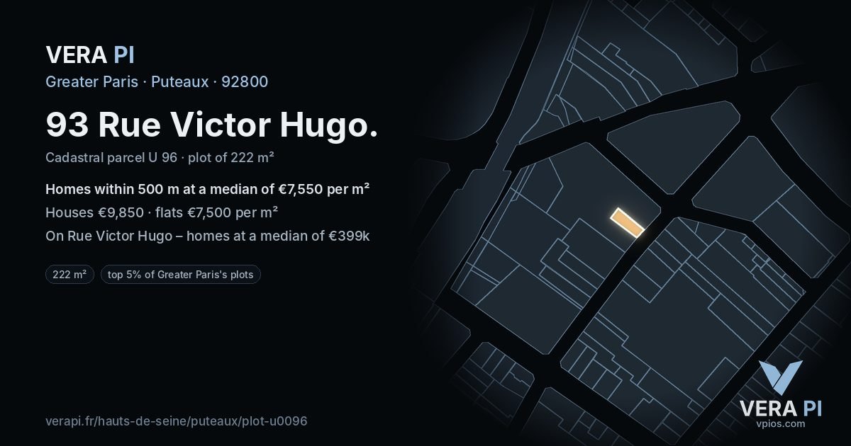 93 Rue Victor Hugo, Puteaux at night – the plot lit, the parcels around coloured by the prices near them