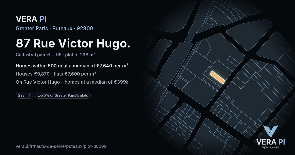 87 Rue Victor Hugo, Puteaux at night – the plot lit, the parcels around coloured by the prices near them