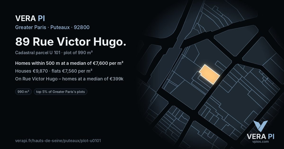 89 Rue Victor Hugo, Puteaux at night – the plot lit, the parcels around coloured by the prices near them