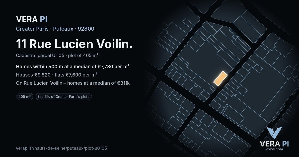 11 Rue Lucien Voilin, Puteaux at night – the plot lit, the parcels around coloured by the prices near them