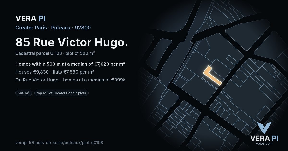 85 Rue Victor Hugo, Puteaux at night – the plot lit, the parcels around coloured by the prices near them
