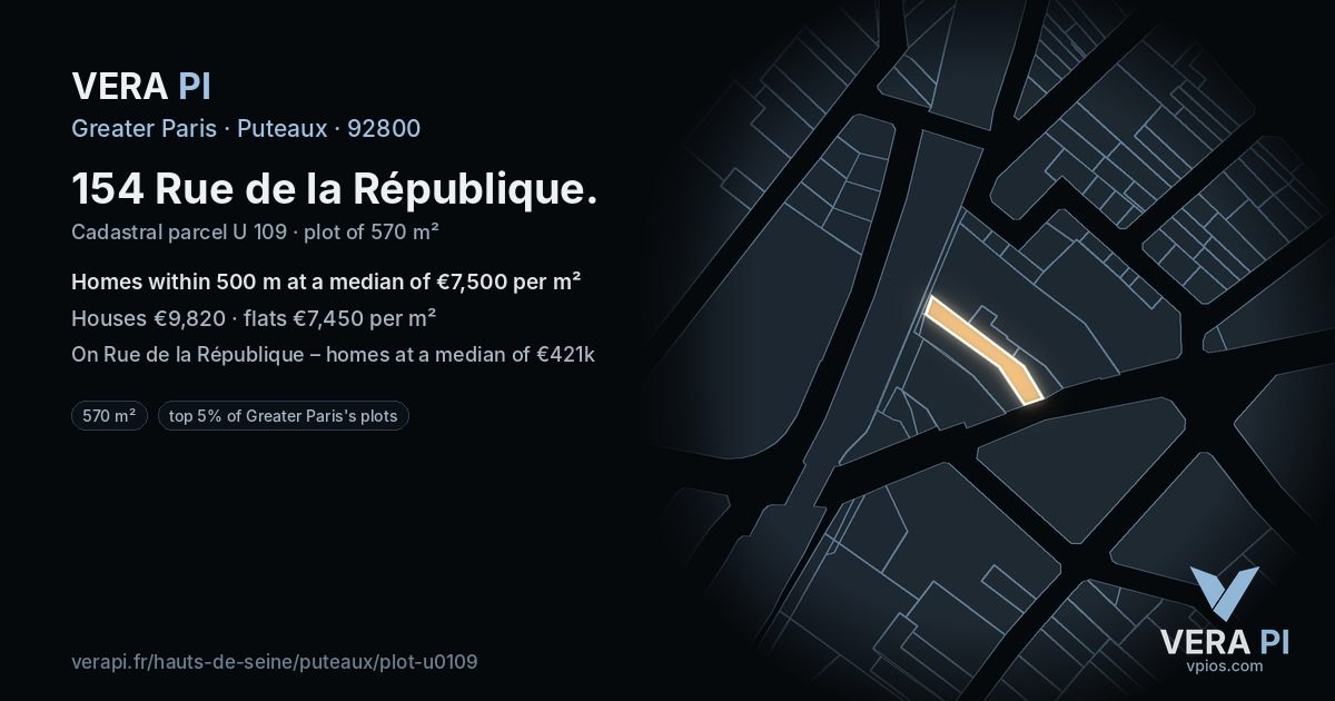 154 Rue de la République, Puteaux at night – the plot lit, the parcels around coloured by the prices near them