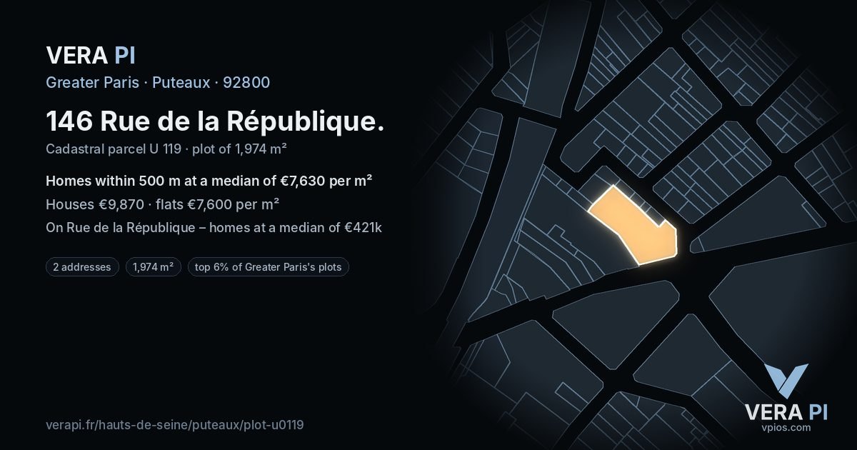 146 Rue de la République, Puteaux at night – the plot lit, the parcels around coloured by the prices near them