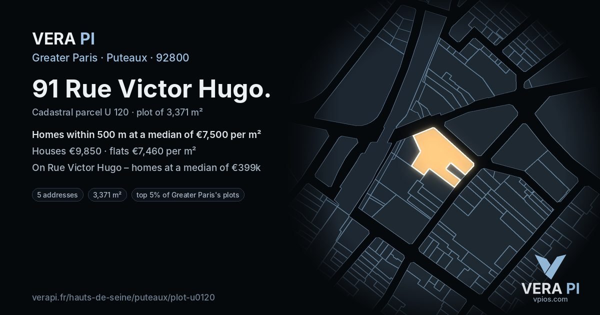 91 Rue Victor Hugo, Puteaux at night – the plot lit, the parcels around coloured by the prices near them
