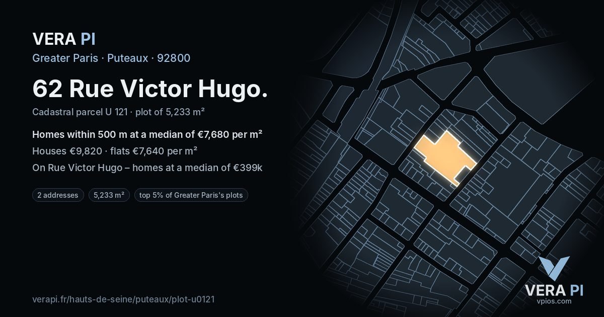 62 Rue Victor Hugo, Puteaux at night – the plot lit, the parcels around coloured by the prices near them