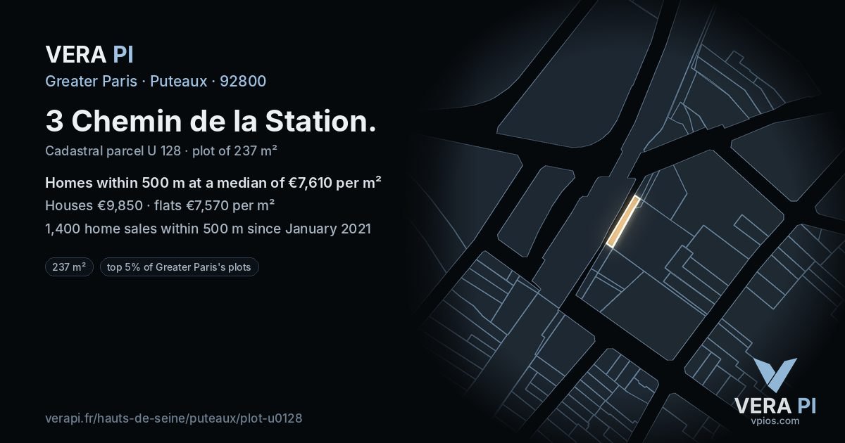 3 Chemin de la Station, Puteaux at night – the plot lit, the parcels around coloured by the prices near them