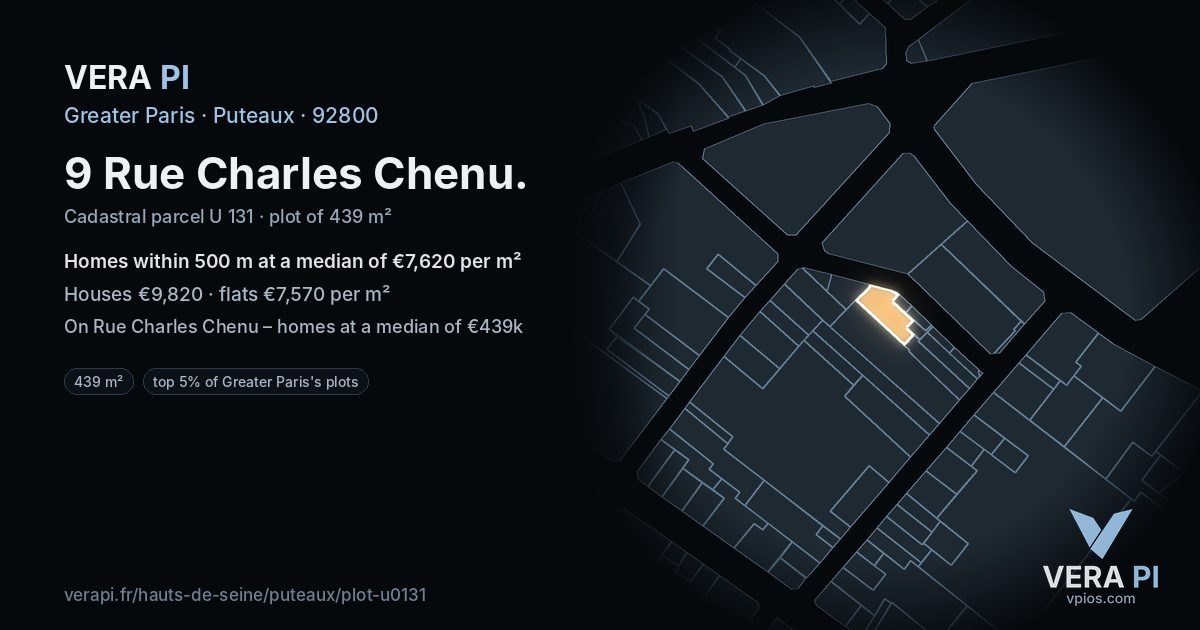 9 Rue Charles Chenu, Puteaux at night – the plot lit, the parcels around coloured by the prices near them