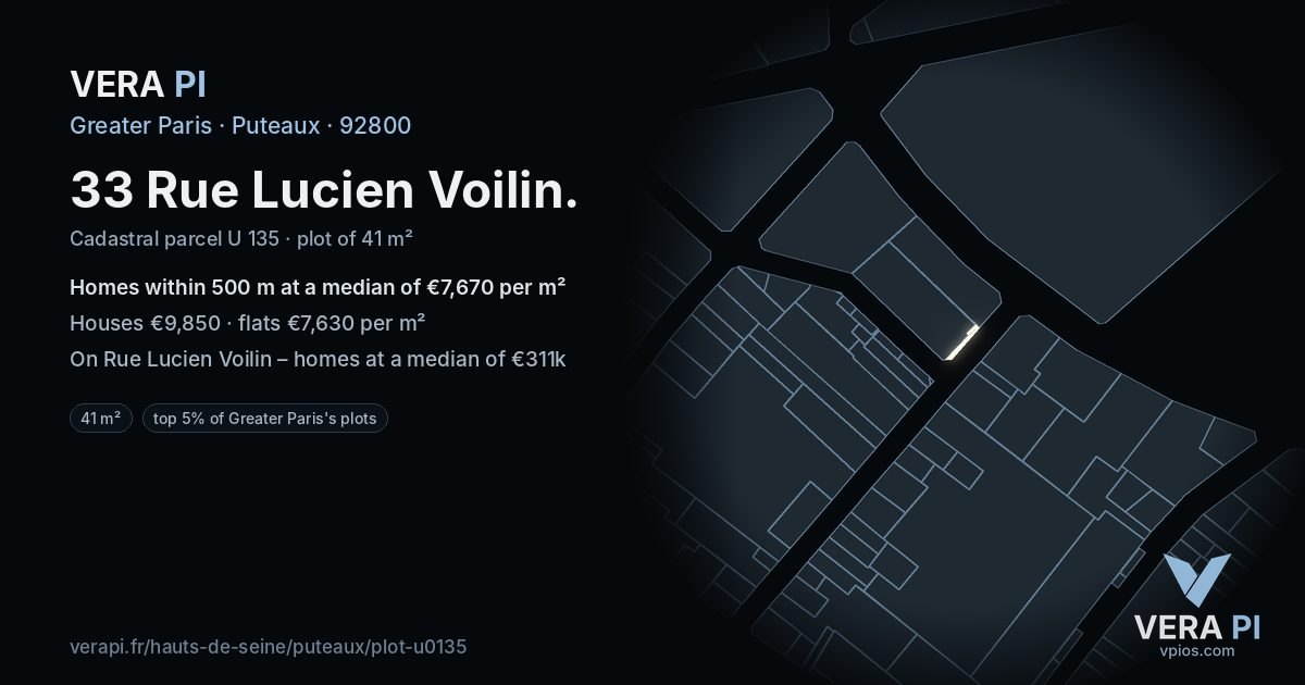 33 Rue Lucien Voilin, Puteaux at night – the plot lit, the parcels around coloured by the prices near them