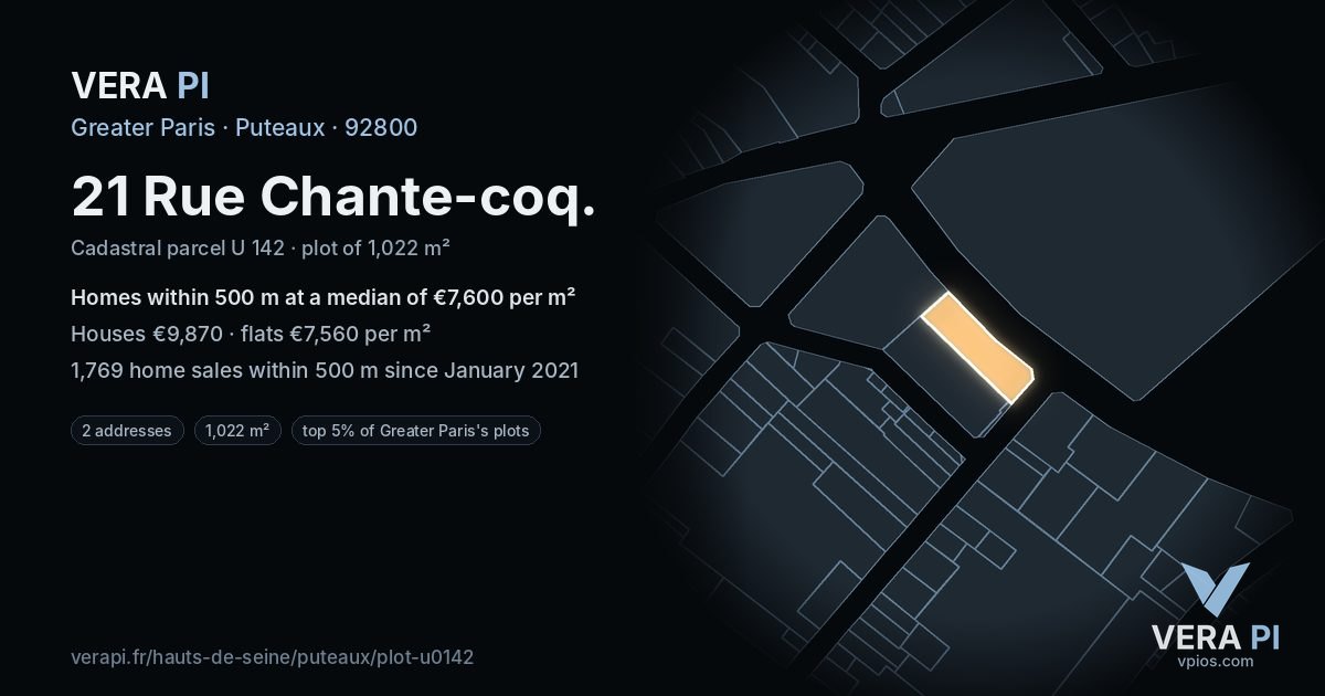 21 Rue Chante-coq, Puteaux at night – the plot lit, the parcels around coloured by the prices near them