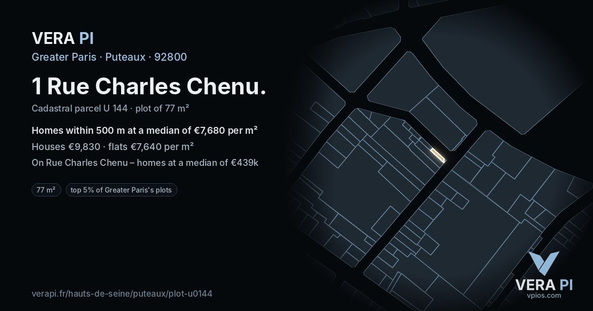 1 Rue Charles Chenu, Puteaux at night – the plot lit, the parcels around coloured by the prices near them