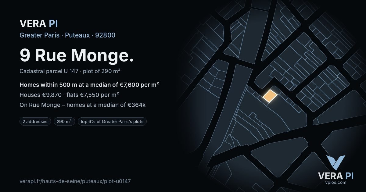 9 Rue Monge, Puteaux at night – the plot lit, the parcels around coloured by the prices near them