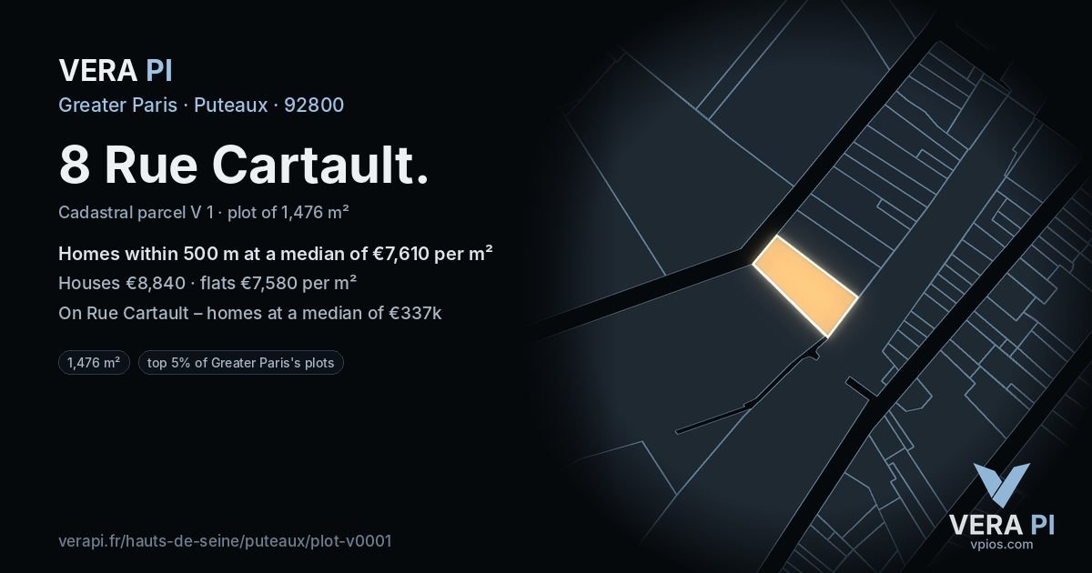 8 Rue Cartault, Puteaux at night – the plot lit, the parcels around coloured by the prices near them