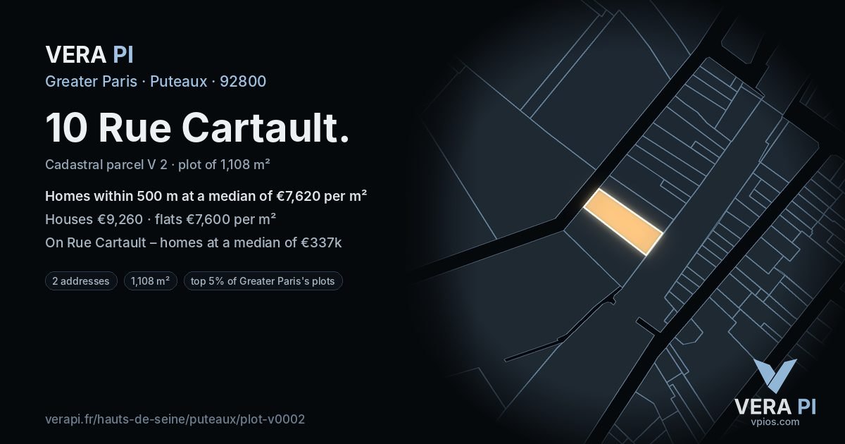 10 Rue Cartault, Puteaux at night – the plot lit, the parcels around coloured by the prices near them