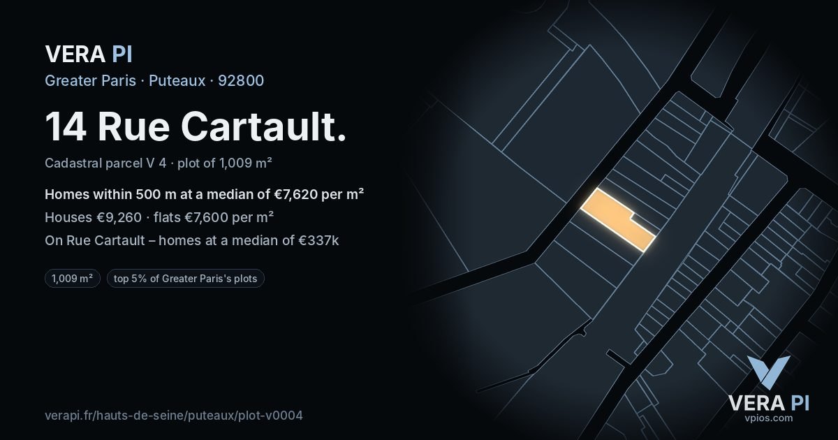 14 Rue Cartault, Puteaux at night – the plot lit, the parcels around coloured by the prices near them
