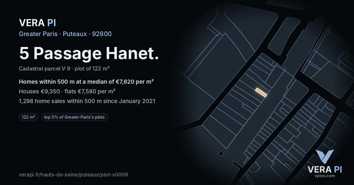 5 Passage Hanet, Puteaux at night – the plot lit, the parcels around coloured by the prices near them
