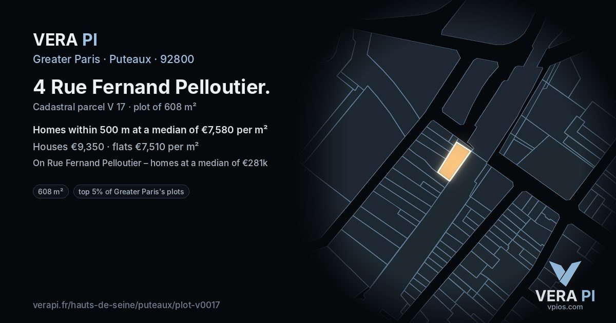 4 Rue Fernand Pelloutier, Puteaux at night – the plot lit, the parcels around coloured by the prices near them