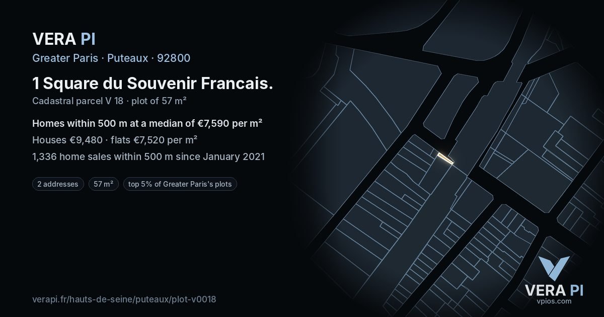 1 Square du Souvenir Francais, Puteaux at night – the plot lit, the parcels around coloured by the prices near them