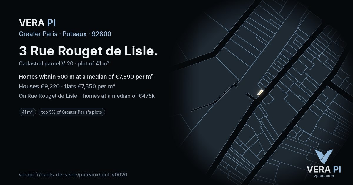 3 Rue Rouget de Lisle, Puteaux at night – the plot lit, the parcels around coloured by the prices near them