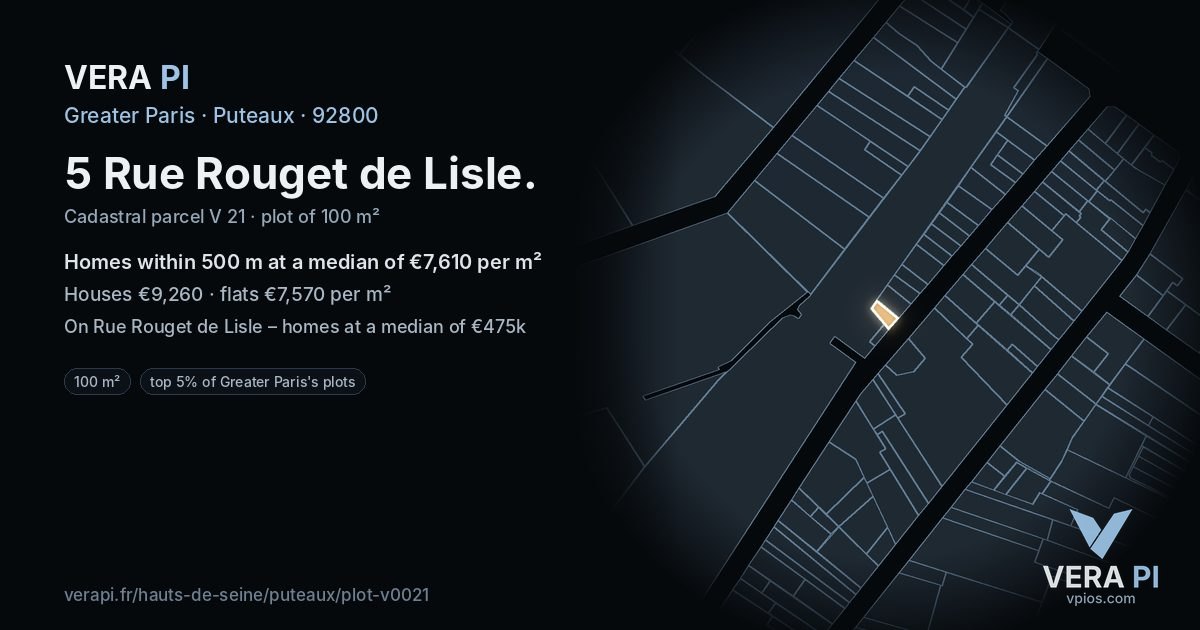 5 Rue Rouget de Lisle, Puteaux at night – the plot lit, the parcels around coloured by the prices near them