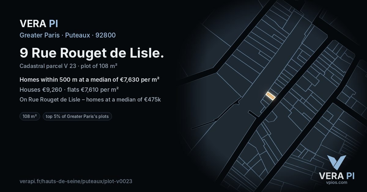 9 Rue Rouget de Lisle, Puteaux at night – the plot lit, the parcels around coloured by the prices near them