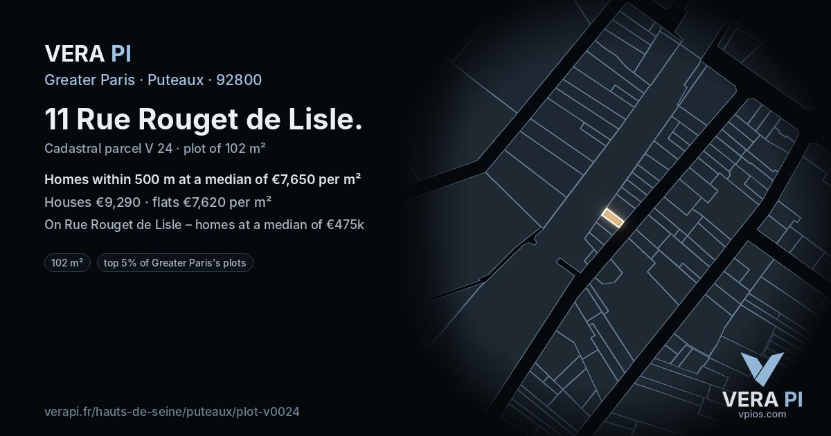 11 Rue Rouget de Lisle, Puteaux at night – the plot lit, the parcels around coloured by the prices near them