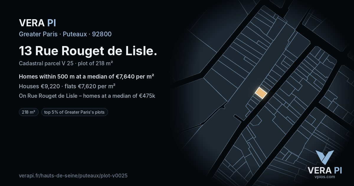 13 Rue Rouget de Lisle, Puteaux at night – the plot lit, the parcels around coloured by the prices near them