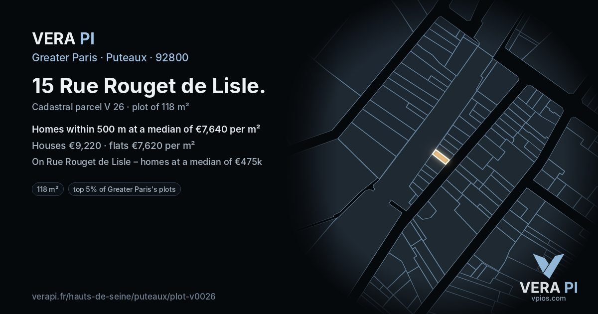 15 Rue Rouget de Lisle, Puteaux at night – the plot lit, the parcels around coloured by the prices near them