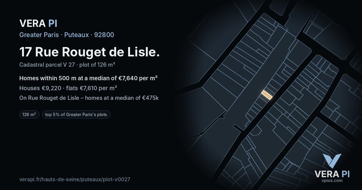 17 Rue Rouget de Lisle, Puteaux at night – the plot lit, the parcels around coloured by the prices near them