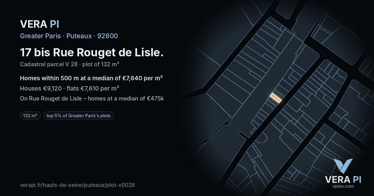 17 bis Rue Rouget de Lisle, Puteaux at night – the plot lit, the parcels around coloured by the prices near them
