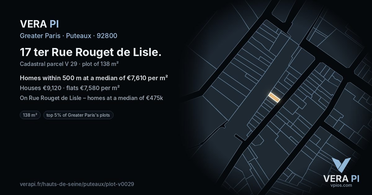 17 ter Rue Rouget de Lisle, Puteaux at night – the plot lit, the parcels around coloured by the prices near them
