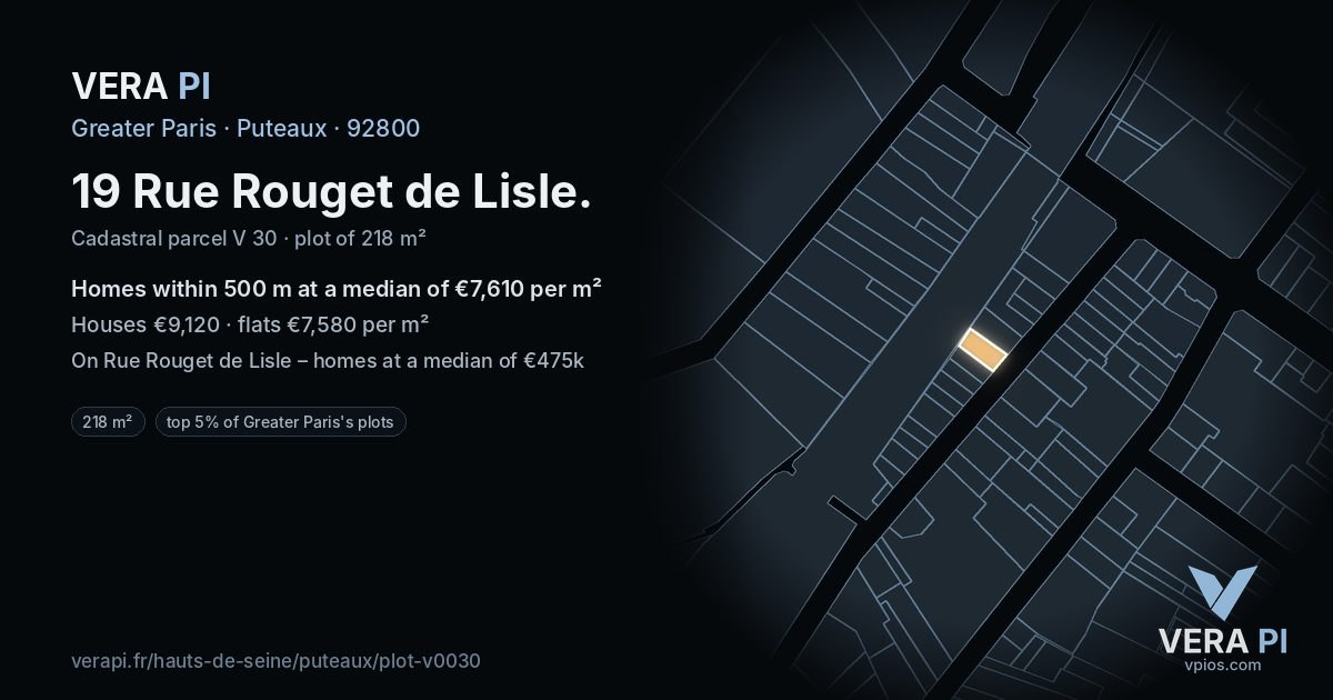 19 Rue Rouget de Lisle, Puteaux at night – the plot lit, the parcels around coloured by the prices near them