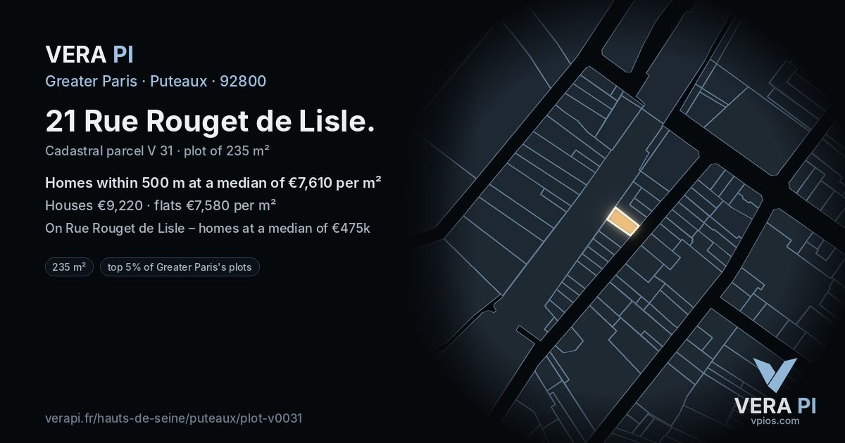 21 Rue Rouget de Lisle, Puteaux at night – the plot lit, the parcels around coloured by the prices near them