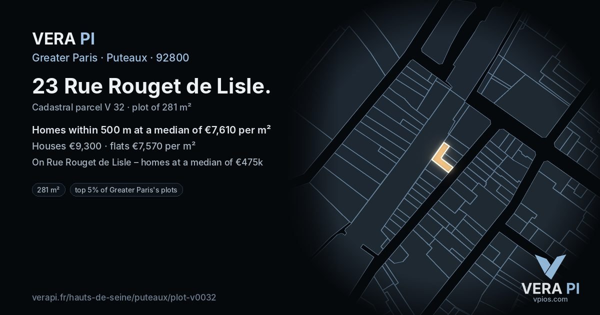 23 Rue Rouget de Lisle, Puteaux at night – the plot lit, the parcels around coloured by the prices near them
