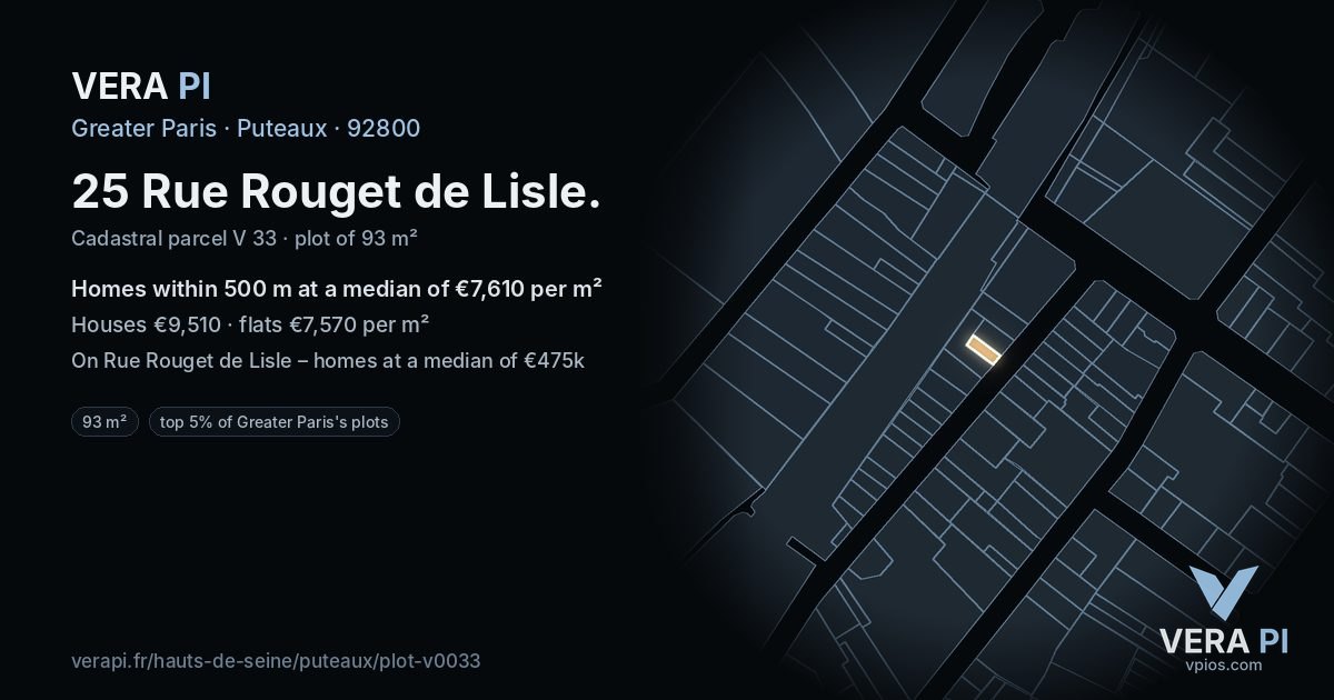 25 Rue Rouget de Lisle, Puteaux at night – the plot lit, the parcels around coloured by the prices near them