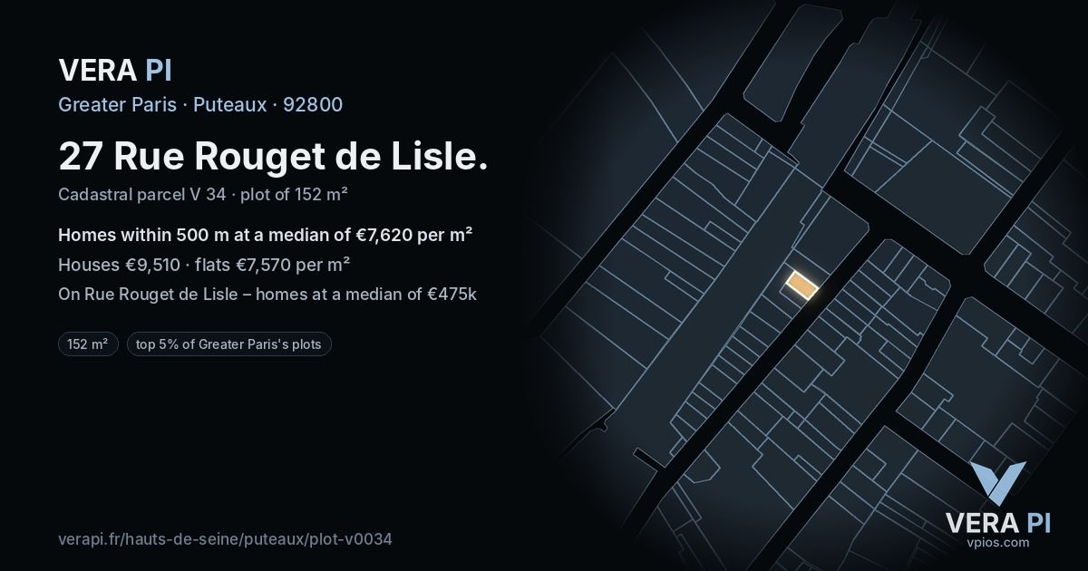 27 Rue Rouget de Lisle, Puteaux at night – the plot lit, the parcels around coloured by the prices near them