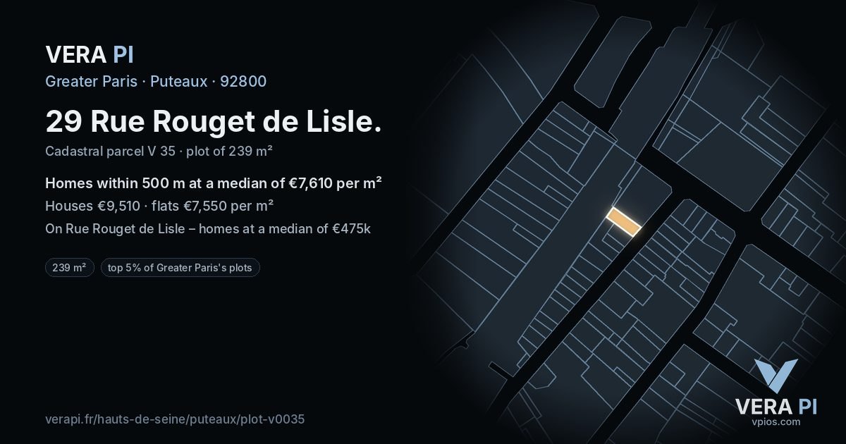 29 Rue Rouget de Lisle, Puteaux at night – the plot lit, the parcels around coloured by the prices near them