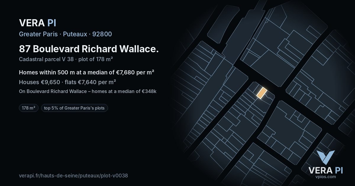 87 Boulevard Richard Wallace, Puteaux at night – the plot lit, the parcels around coloured by the prices near them