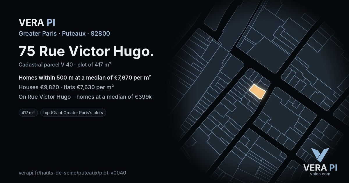 75 Rue Victor Hugo, Puteaux at night – the plot lit, the parcels around coloured by the prices near them