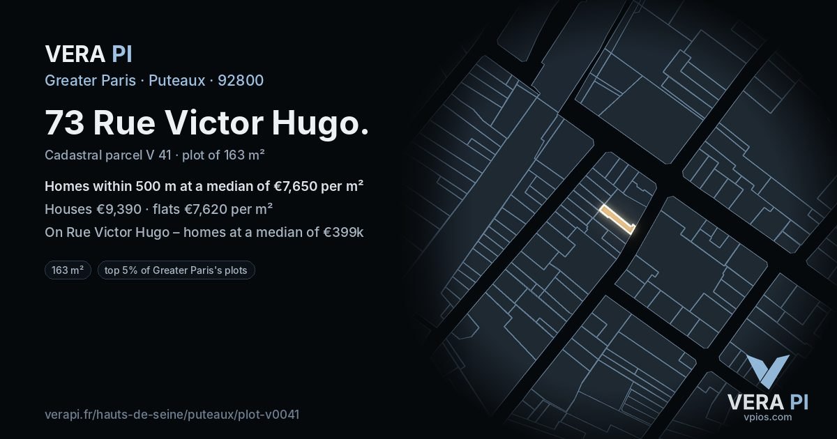 73 Rue Victor Hugo, Puteaux at night – the plot lit, the parcels around coloured by the prices near them