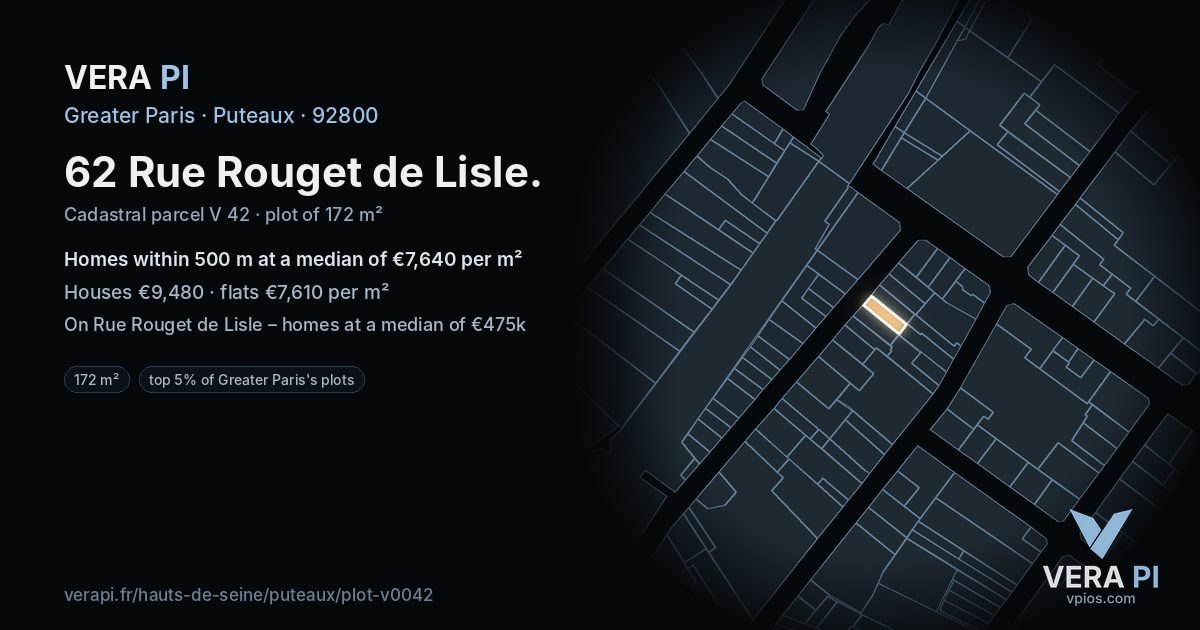 62 Rue Rouget de Lisle, Puteaux at night – the plot lit, the parcels around coloured by the prices near them