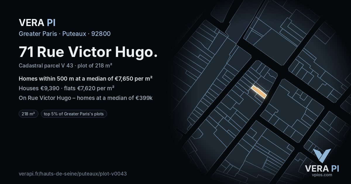 71 Rue Victor Hugo, Puteaux at night – the plot lit, the parcels around coloured by the prices near them