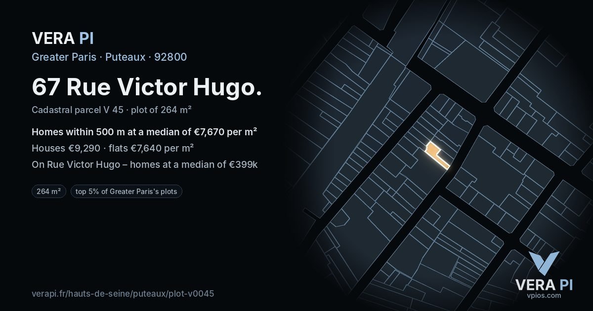 67 Rue Victor Hugo, Puteaux at night – the plot lit, the parcels around coloured by the prices near them
