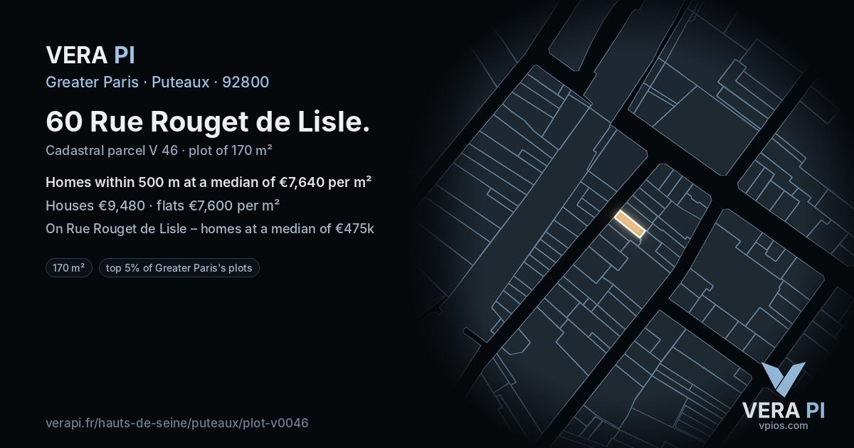 60 Rue Rouget de Lisle, Puteaux at night – the plot lit, the parcels around coloured by the prices near them