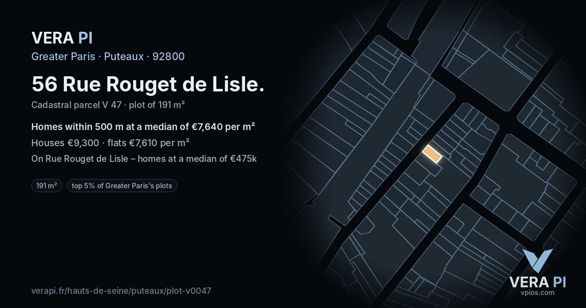 56 Rue Rouget de Lisle, Puteaux at night – the plot lit, the parcels around coloured by the prices near them