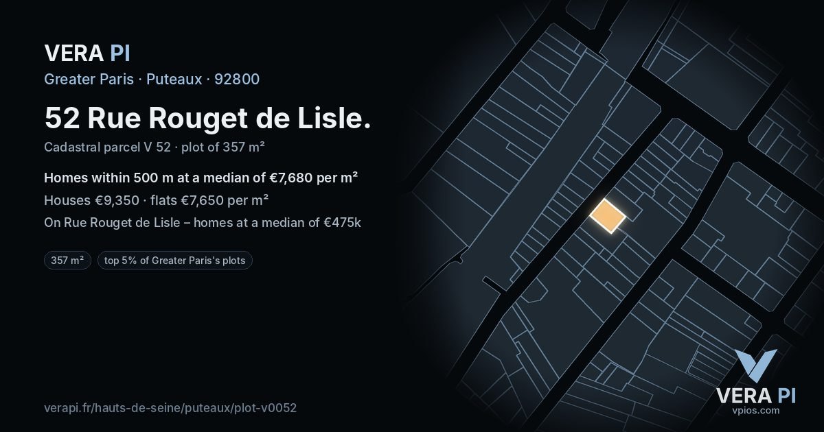 52 Rue Rouget de Lisle, Puteaux at night – the plot lit, the parcels around coloured by the prices near them