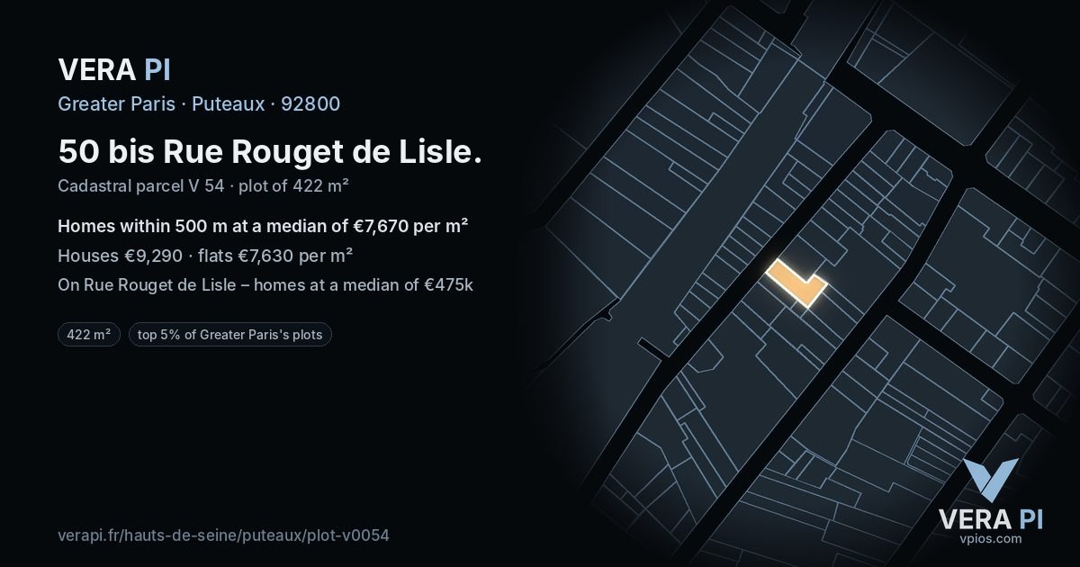 50 bis Rue Rouget de Lisle, Puteaux at night – the plot lit, the parcels around coloured by the prices near them